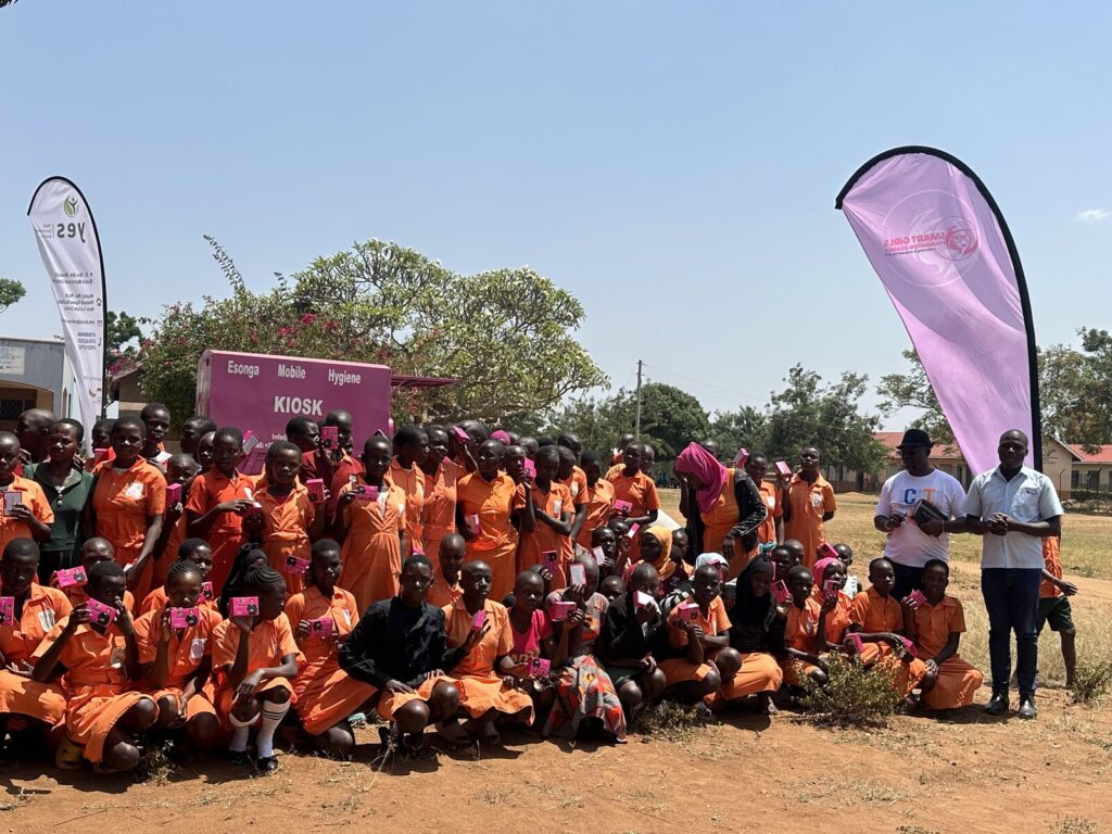 Learners at Majanji Primary School with the Esonga Mobile Hygiene Kiosk and Smart Girls Foundation at the launch