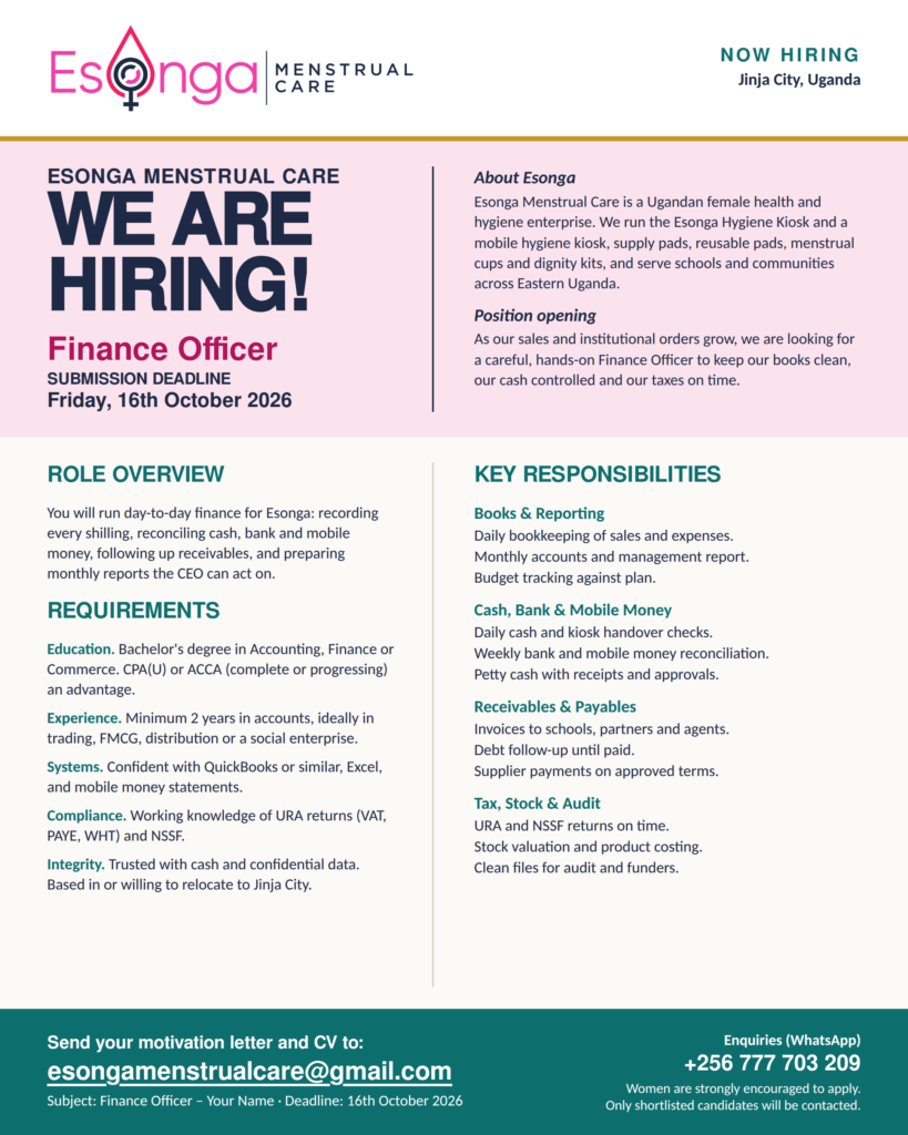 Esonga vacancy poster: Finance Officer, Jinja City, deadline 16 October 2026