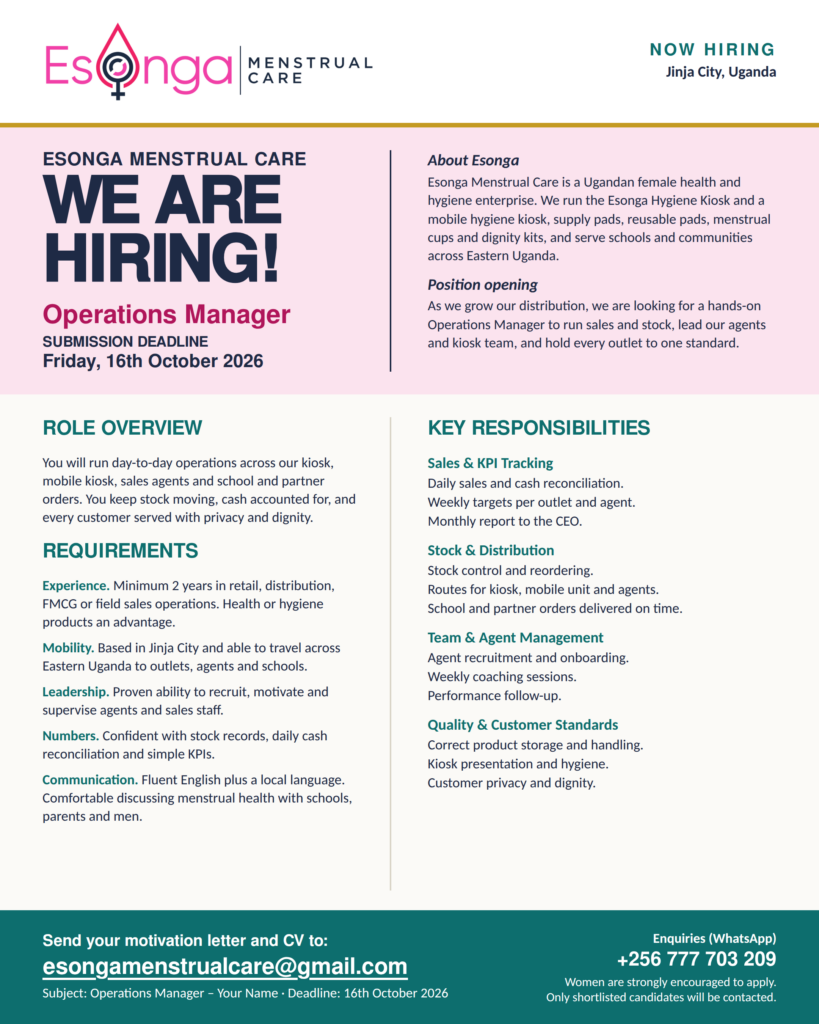 Esonga vacancy poster: Operations Manager, Jinja City, deadline 16 October 2026
