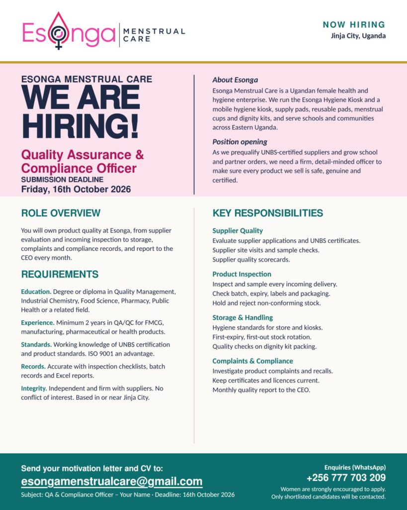 Esonga vacancy poster: Quality Assurance & Compliance Officer, Jinja City